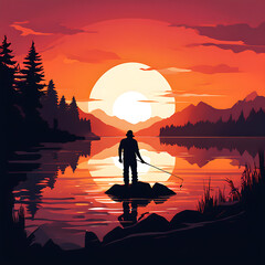 man fishing at lake sunset vector illustration
