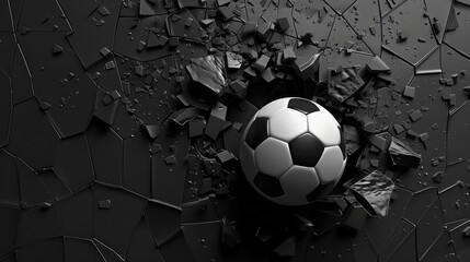 The soccer ball violently penetrated the black wall.