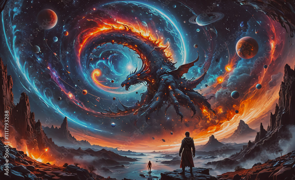 Poster a man stands in front of a dragon that is surrounded by a swirling mass of fire and space
