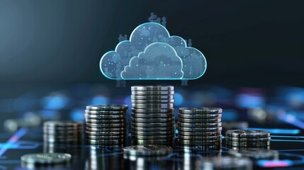 Stack of coins with cloud icon symbolizing cloud financial planning. Emphasis is placed on cost management and budgeting.