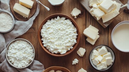 Fresh Dairy Products on Wooden Table with Butter and Cheese