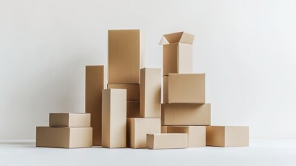 Stacked Brown Cardboard Boxes in Different Sizes on White Background