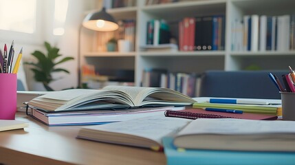 Open book on desk with stationery and bookshelves in background.  Study space, education, learning concept.