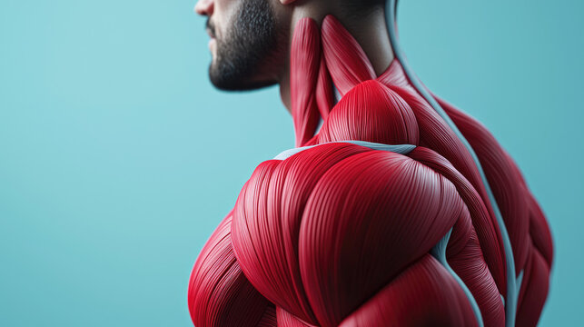 Detailed human muscle anatomy showcasing the neck and shoulder region.