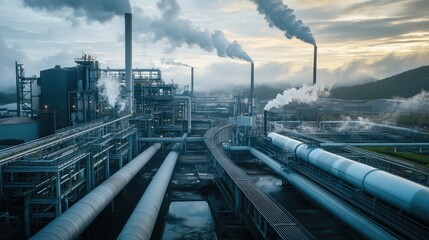 Industrial Landscape with Smoke and Pipelines Against Dramatic Sky