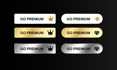 Set of Go Premium buttons icon design template. Gold, Silver metallic, and white. Premium member push buttons collection isolated. vector