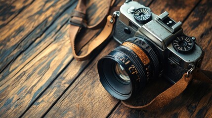Vintage Film Camera on Rustic Wooden Surface with Leather Strap