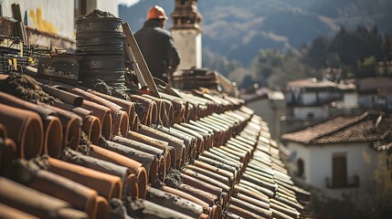 Fototapeta premium Clay roof tiles stacked on a hillside during construction. A worker is visible in the background.