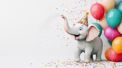 Playful cartoon elephant with party hat sprays confetti near colorful balloons on white background.