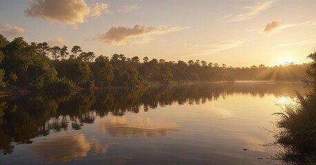 Fototapeta premium Golden light of sunrise illuminating the Apalachicola River, golden light, peaceful landscape