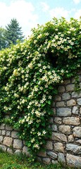 Naklejka premium Honeysuckle vines draped over an old stone wall with thick green foliage and white and yellow flowers blooming, flowering plants, honeysuckle vines, outdoor landscapes