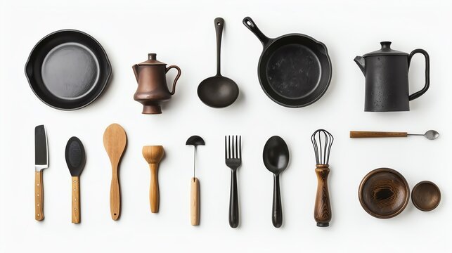 A minimalist image of vintage kitchenware designs isolated on a white background