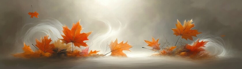 A serene depiction of swirling autumn leaves in a misty atmosphere.