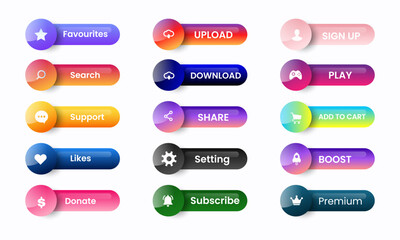 web buttons collection in gradient style design. Favourites, Upload, Sign Up, Search, Download, Play, Support, Share, Add to Cart, Likes, Setting, Boost, Donate, Subscribe, premium. full set of elemen