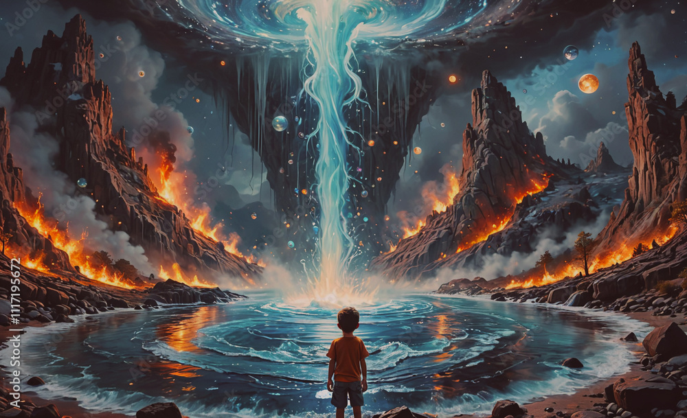 Poster a boy stands in front of a waterfall in a fantasy world. the scene is filled with fire and smoke, cr
