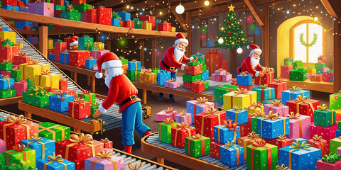 Fototapeta premium Santa and elves busily prepare Christmas gifts in a festive workshop. For children's books, holiday cards, and festive projects.