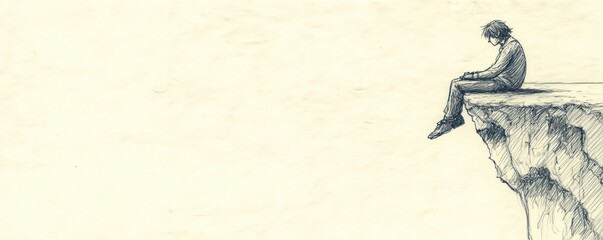 A solitary figure sits on the edge of a cliff, reflecting in a minimalist, contemplative style.