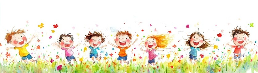A joyful group of children playing in a field, surrounded by flowers and colorful butterflies.