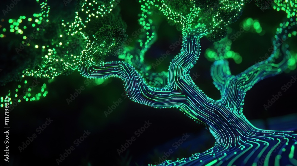 Aufkleber glowing green digital tree with intricate lines and nodes.