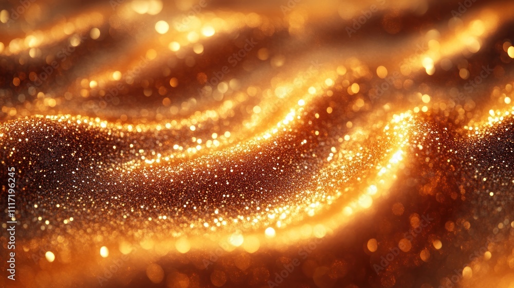 Poster abstract golden glitter texture with soft waves and bokeh lights.