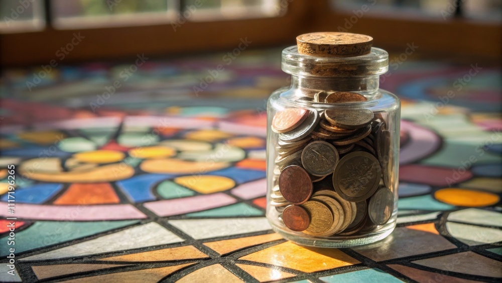 Poster A small clear jar tightly packed with coins creating a mosaic effect of different shades and textures. The jar has a snug cork stopper sealed tight and the tered light through the