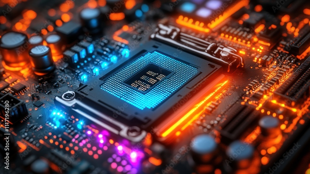 Poster close-up of a computer motherboard with a glowing cpu.