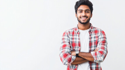 Smiling Young Man Red Plaid Shirt Arms Crossed Portrait