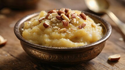 Traditional Indian Dessert in Antique Bowl with Nuts and Garnishes