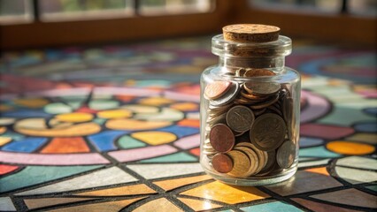 A small clear jar tightly packed with coins creating a mosaic effect of different shades and textures. The jar has a snug cork stopper sealed tight and the tered light through the
