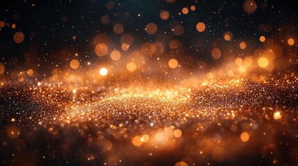 Glittering gold and orange bokeh lights on dark background.