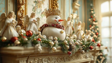 An ornate snowman centerpiece on a mantelpiece. Embellished with angel figurines and seasonal garlands, exuding elegance and festive charm. Celebrating tradition and beauty.
