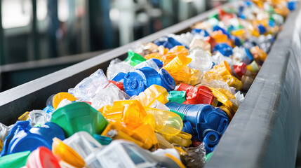 Fototapeta premium A conveyor belt loaded with colorful plastic waste for recycling and environmental care.