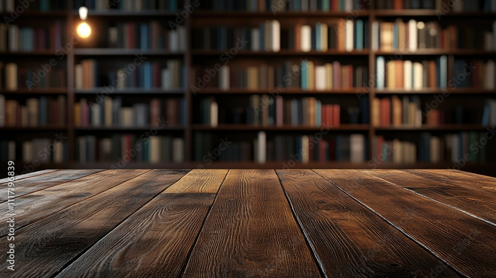 Poster wooden table in front of bookshelf with soft lighting and shadows