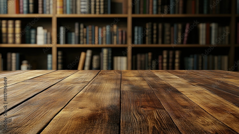 Poster warm wooden table with bookshelf background in cozy library setting