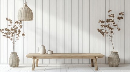 Minimalist interior design with wooden bench, vases, dried flowers, and pendant lamp against white paneled wall.