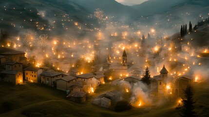 Obraz premium Night scene of a village with many lights and smoke.
