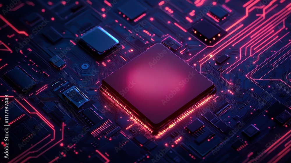 Poster innovative technology circuit board digital realm microchip design futuristic environment close-up v
