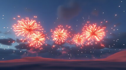 Orange fireworks exploding in night sky over desert.