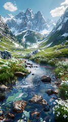 Fototapeta premium A mountain valley with a river running through it. The water is clear and the rocks are scattered throughout the area. The scene is peaceful and serene