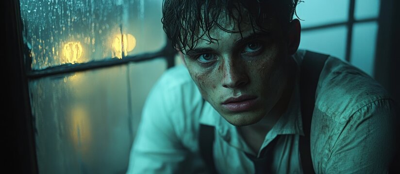 Scared young man looking up from a rain-soaked window at night.