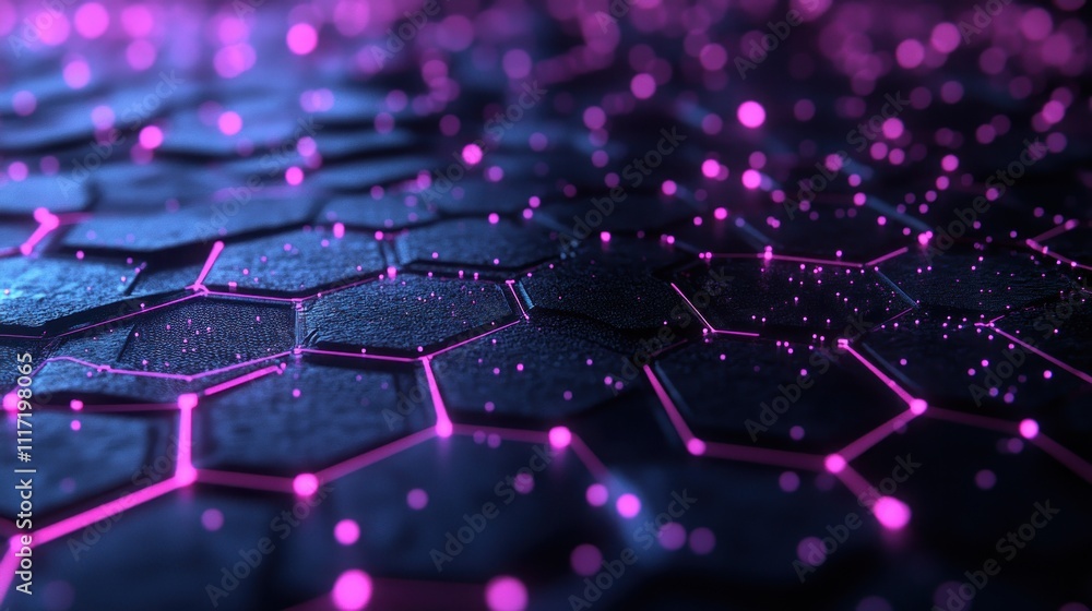 Poster abstract hexagonal grid with glowing pink lines and blue background.