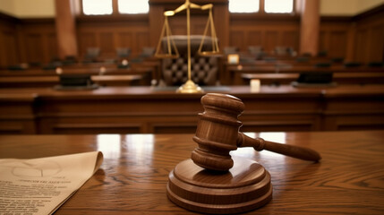 Close-up of a gavel on a wooden desk surrounded by legal documents, symbolizing a corporate lawsuit and legal decision-making process