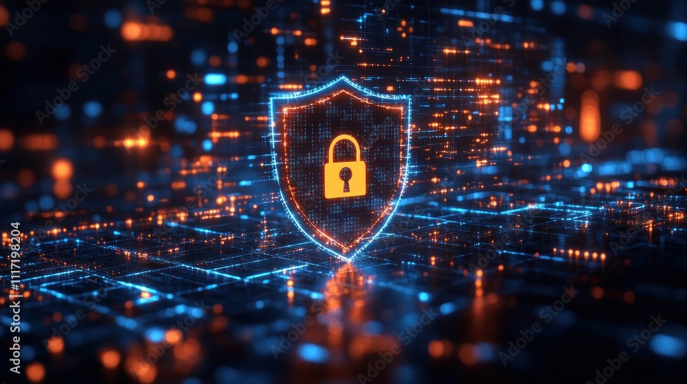 Poster digital shield with padlock, glowing in a futuristic cyberspace, representing cybersecurity and data