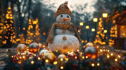 An ornate snowman is the centerpiece of a glowing yard display with colourful lights and ornaments. The magical atmosphere inspires joy and creativity.