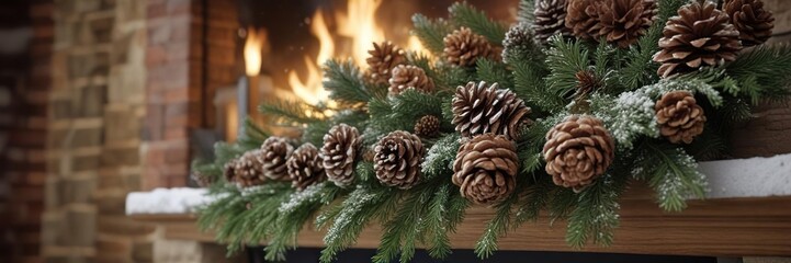 Snow-covered pinecones and evergreen branches on a festive fireplace, festive, branches