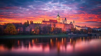 Fototapeta premium Majestic Castle Reflection at Sunset Over Calm Water Body in Poland