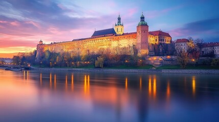 Obraz premium Stunning View of Historic Castle at Twilight over Calm River