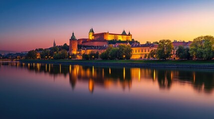 Obraz premium Scenic Sunset over Historic Castle with River Reflection in Poland