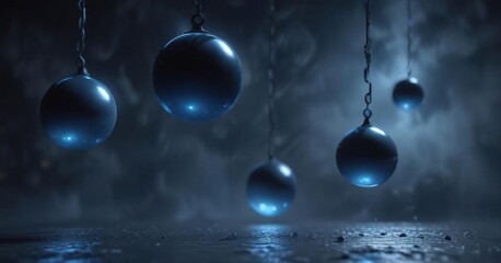 Blue luminescent orbs suspended in a dark blue misty atmosphere, misty, mysterious, dreamy