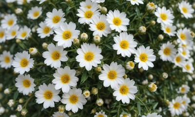 Compact, thorny shrub covered in small, white flowers with a yellow center , compact plant, flowers, thorns